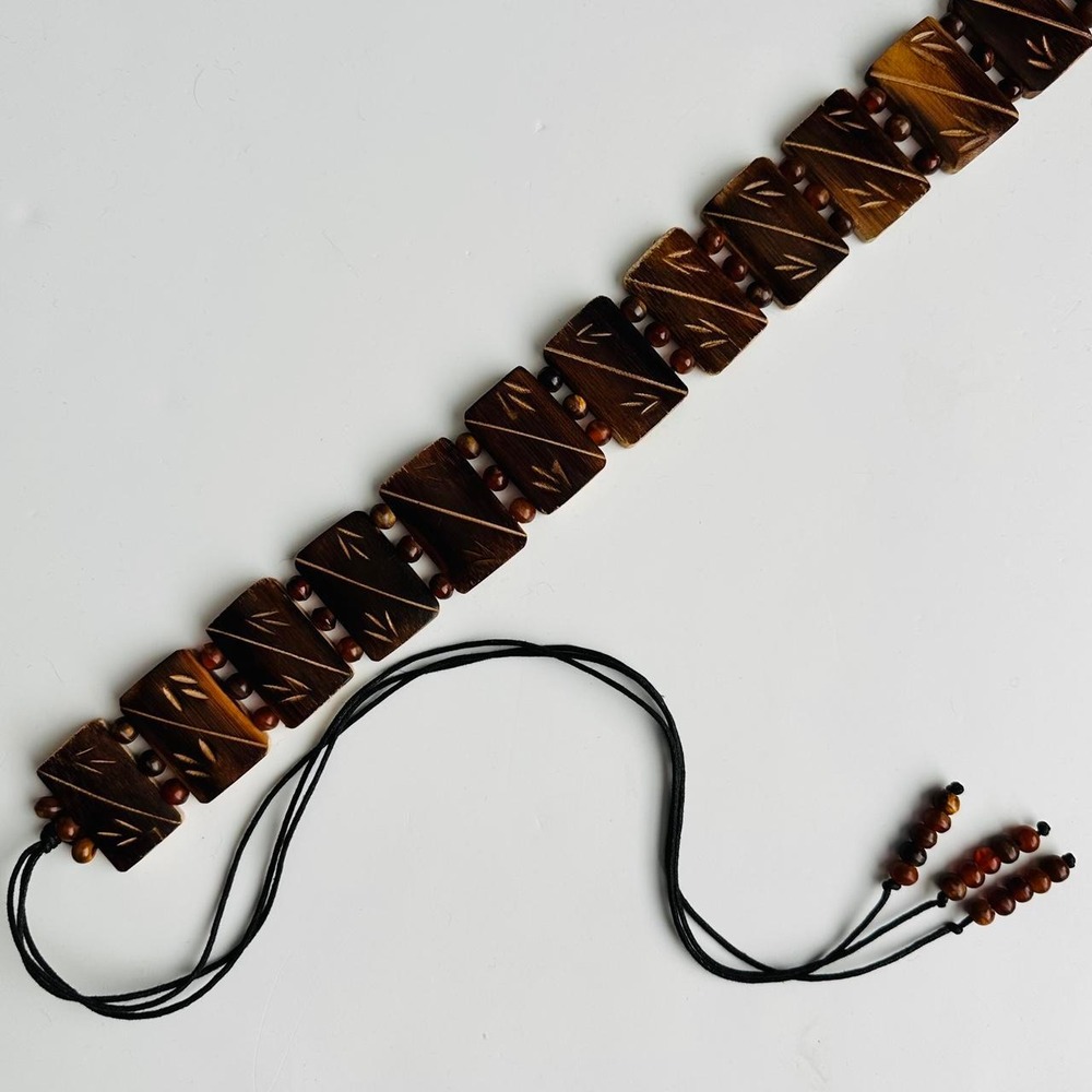 Vintage Wooden Bead Belt Dark Brown Etched Boho Festival Western